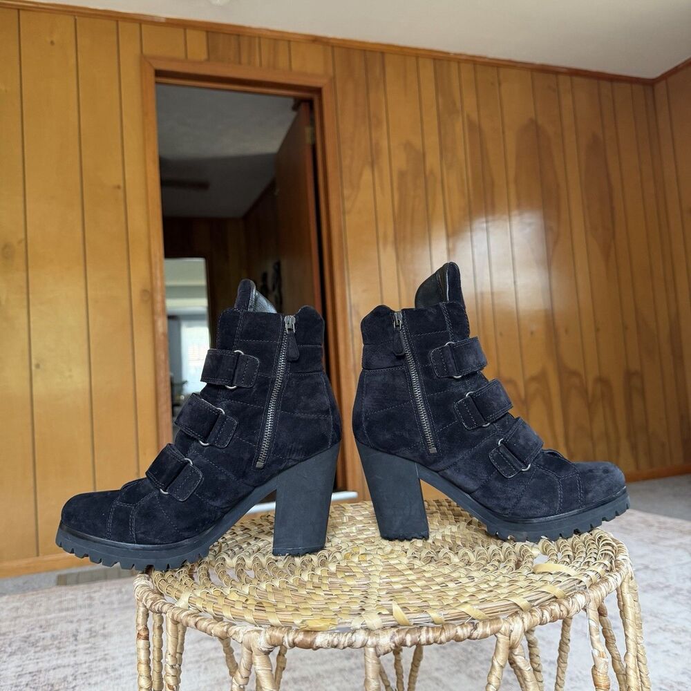 Vintage Prada Moto Boots Black Suede Buckle Strap Lug Sole Women Eu 40.5 - Picture 9 of 16